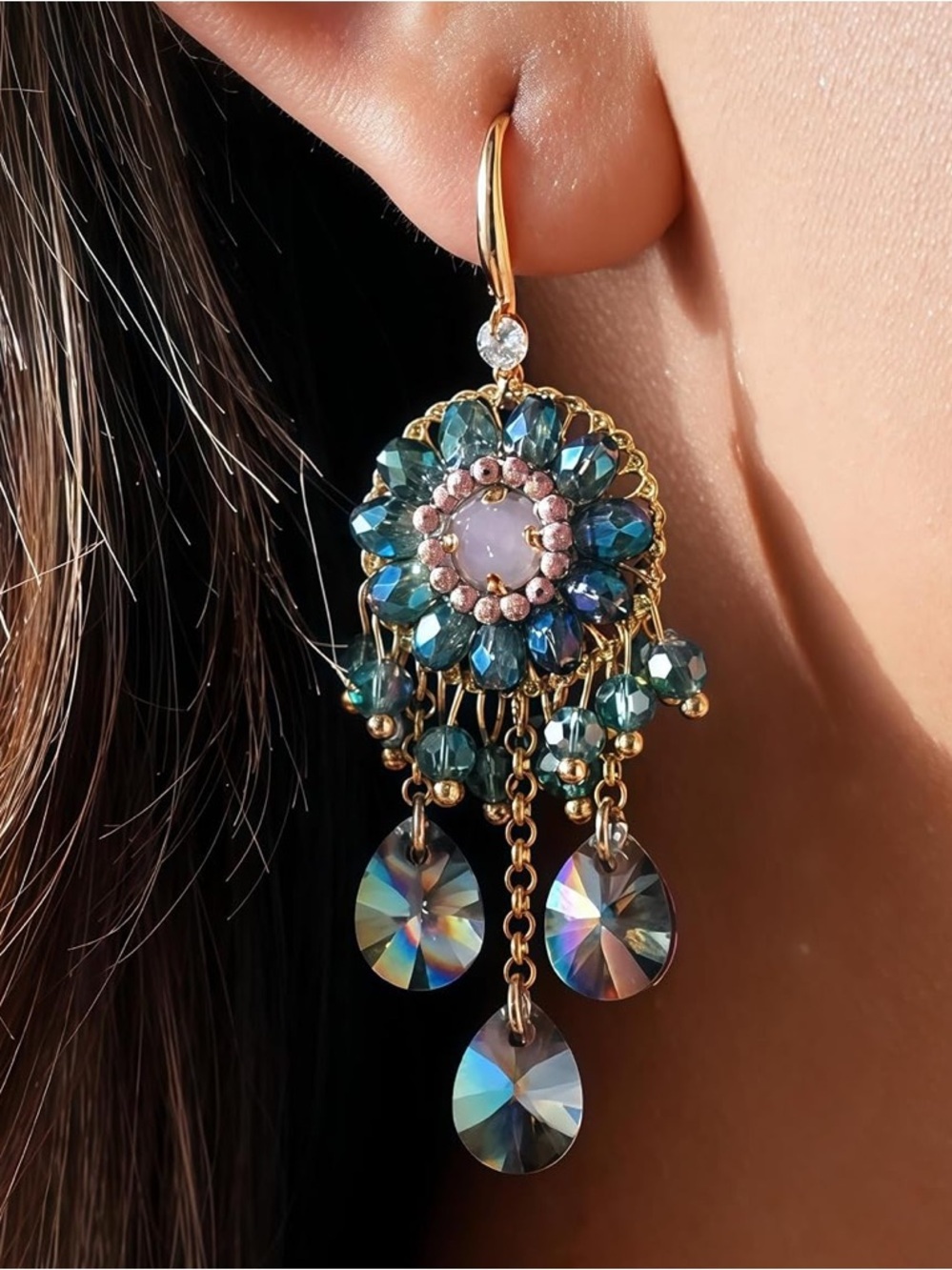 Anthropologie Gold-Tone Blue and Pink Crystal Chandelier Earrings - Picture 3 of 6